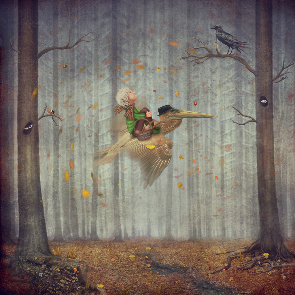 Illustration showing fantasy-style fairytale scene depicting a child riding a pelican in a wood