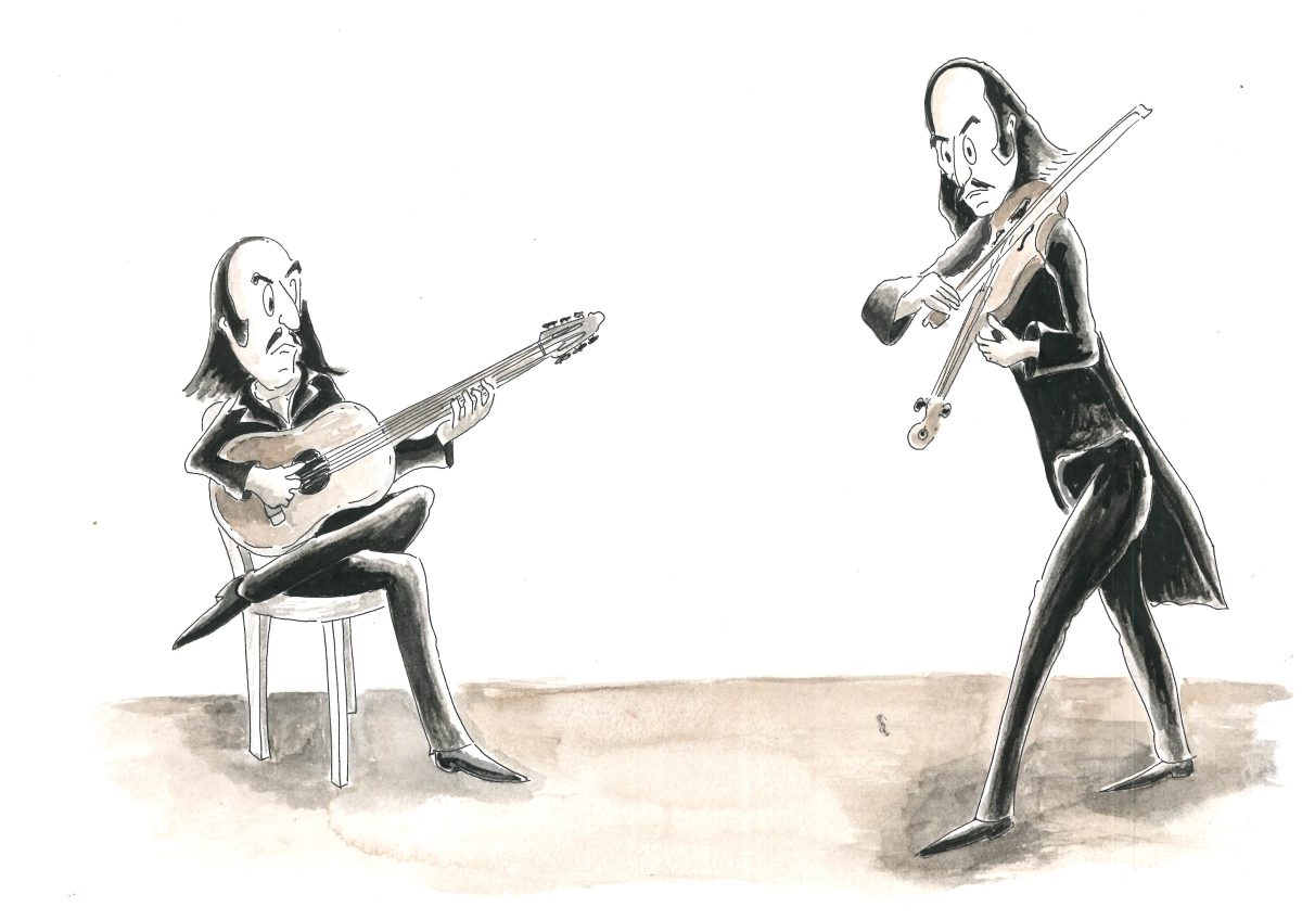 cartoon of two men playing stringed instruments